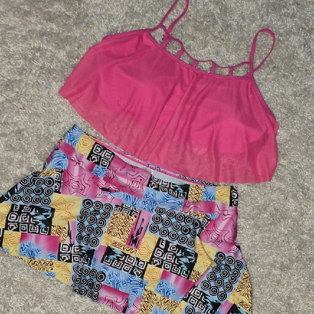 Pink Crop Top and Colorful Patterned Skort Bathing Suit